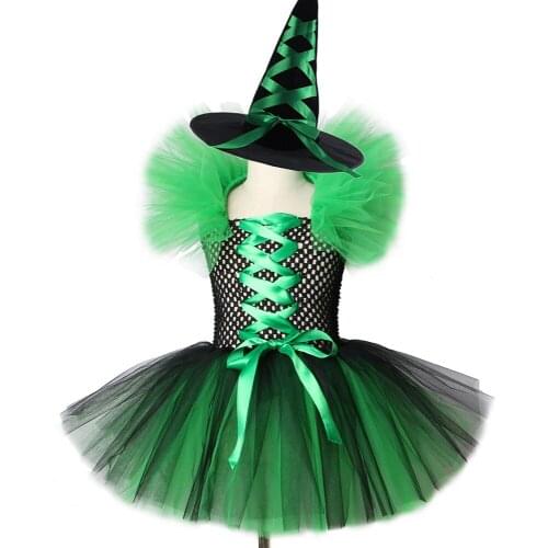Girls Witch Tutu Dress Black And Green Children Girl Halloween Carnival Cosplay Witch Costume Kids Party Dresses For Girls 2-12y