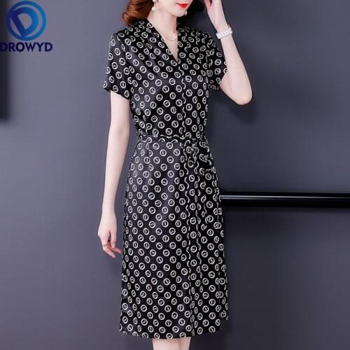 Womens Casual Chiffon Poit Print Dress Summer New Female Maxi Dresses Party Dresses Autumn Female A Line Office Runway Vestidos
