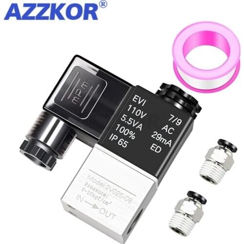 AZZKOR Pneumatic Solenoid Valve Gas Control Valve Two-position Pneumatic Component 1/4"1/8"PT 2V025-08/06 w Water Tape PC Joints