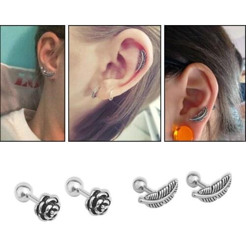 1PCS Stainless Steel 16G Flower Feather Ear Cartilage Earring16G Helix Piercing Jewelry Rook Conch Tragus Screw Back Stud
