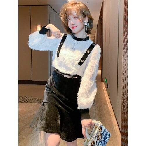 Mesh stitching velvet personalized ribbon fishtail skirt fake two piece waist dress female Dongxin High Quality