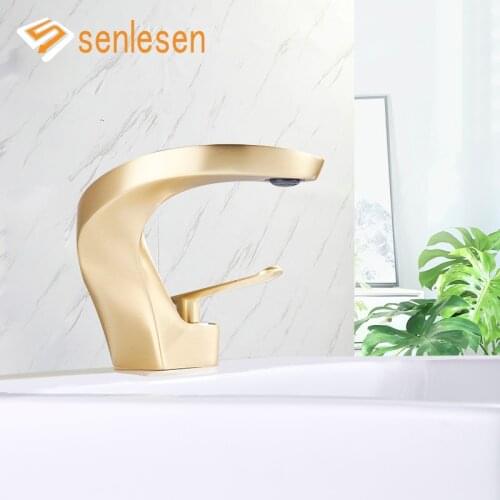 Senlesen Bathroom Faucet Basin Faucet Mixer Tap Brushed Golden Brass Deck Mounted Hot and Cold Water Water Taps