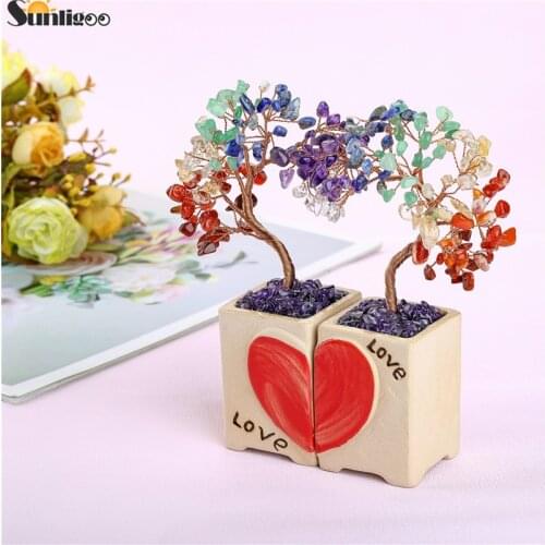 Sunligoo Love Heart Money Tree Feng Shui Ornaments Mini Tumbled Gemstones Bonsai Tree Figurines Ceramic Vase Office Home Decor