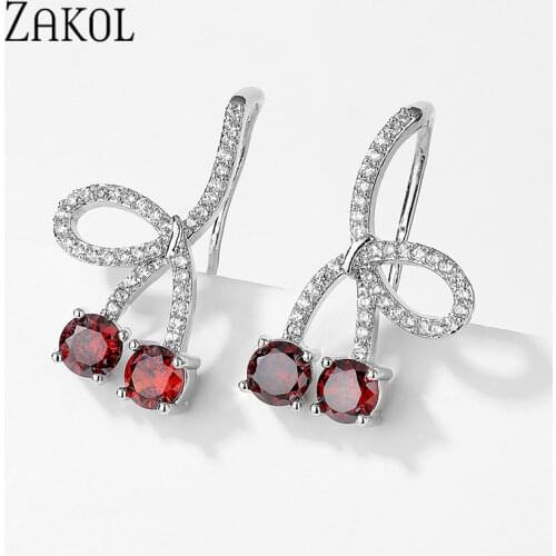 ZAKOL New Cute Sweet Cherry Red Cubic Zirconia Drop Earrings Symmetry Luxury Christmas Earring Gift for Women Girls EP5175