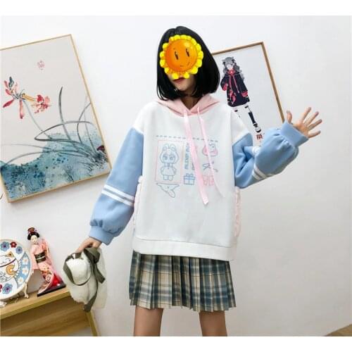 Harajuku Cartoon Print Oversize Cute Hooded Sweatshirt Women 2021 Winter Full Sleeve Sweet Style Ladies Cute Fleece Hoodies Top