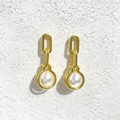 High Quality Engine Style Splicing Pearl Gold Color U Cross Chain Drop Earrings For Women Fashion Jewelry