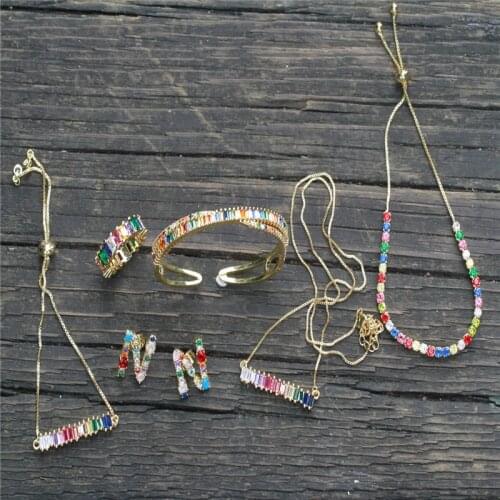 Stylish gold new rainbow crystal zircon rectangular geometric adjustable bracelet and womens fashion necklace jewelry gift