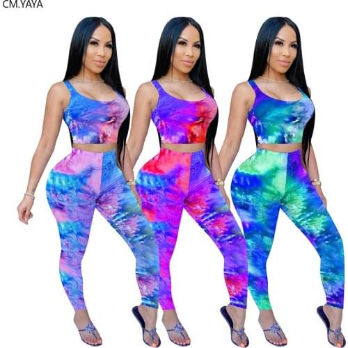 CM.YAYA Fashion Tie Dye Print Women Set Two Pieces Set Tracksuit Sleeveless Crop Tops Jogger Sweatpant Suit Outfit Matching Set