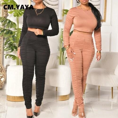 CM.YAYA Stacked Sweatsuit Two 2 Piece Set for Women Fall Winter Fitness Outfit Crop Tops + Ruched Pants Set Street Tracksuit