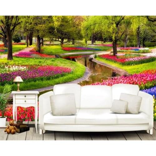 3d Wallpaper Custom Photo Mural Beautiful Tulip Garden Creek Wood Background Wall Decoration Mural Wallpaper