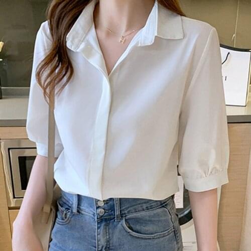 #4019 White Black Blue Short Sleeve Chiffon Blouse Women Polo Neck Sexy Thin Chiffon Tops Female Korean Style Summer Office Lady