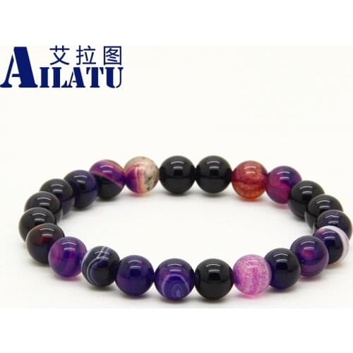Ailatu Wholesale 10pcs/lot Mix Colors 8mm Good Quality Blue, Purple, Pink Bandard Stone Energy Elastic Bracelets