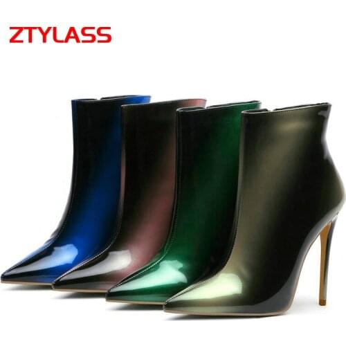Women Patent Leather Thin High Heel Ankle Boots Fashion Mixed Colors Zipper Boots Ladies Autumn Winter Pointed Toe Short Boots