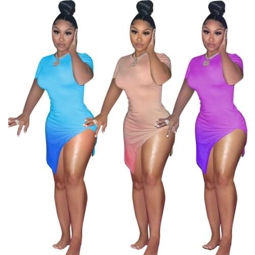 Chiclover Short Sleeve Dress for Women Wholesale Lounge Bodycon Dress Turtleneck Sexy Split Gradient Mini Dresses Dropshipping