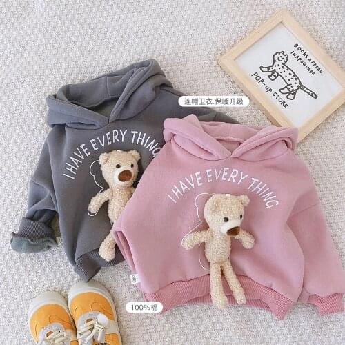 Childrens Sweatshirts 2021 Winter New Boys Girls Cartoon Velvet Letter Hoodies Cute Bear Hooded Casual Kids Hoodies Pullovers