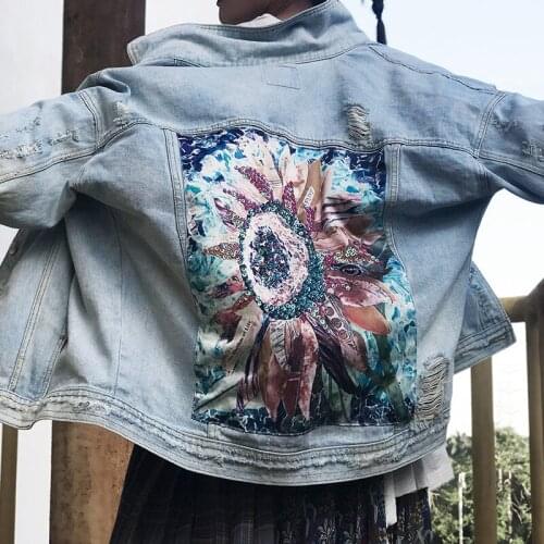 DUISNENA denim long sleeve jacket boho autumn sequin floral appliques embroidery outerwear female cotton casual women coat