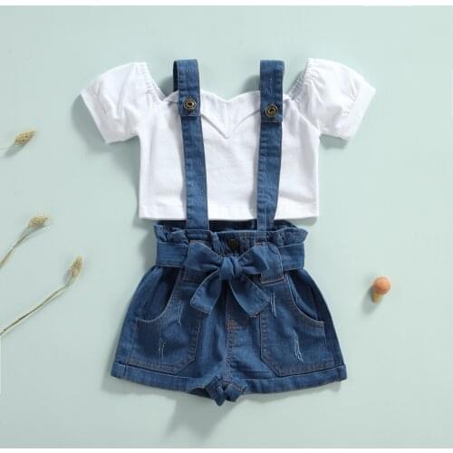 FOCUSNORM 1-6Y Summer Fashion Girls 2pcs Clothes Sets Solid Off Shoulder T Shirts Tops Denim Overalls Shorts