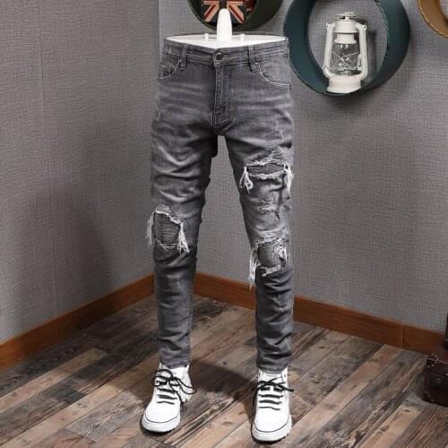 Men Jeans High Quality Gray Slim Fit Ripped Jeans Men Patchwork Designer Punk Pants Hip Hop Jeans Homme Fashion Streetwear