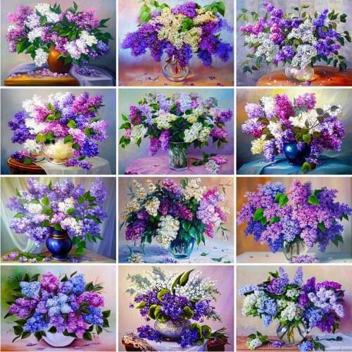 Evershine 5D DIY Diamond Painting Lilac Full Square Round Diamond Embroidery Flower Cross Stitch Vase Wall Decoration