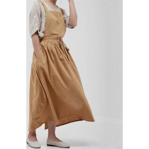 Japanese Style 100% Cotton Thin Breathable Women Apron Washable Home Working Apron Clothes with Invisible Pocket Baking Cooking