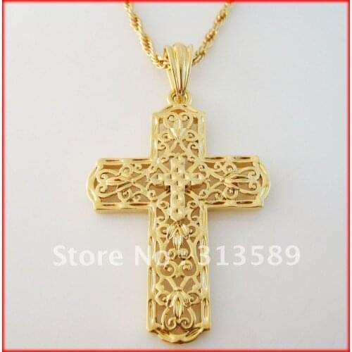 Foromance/ YELLOW GOLD GP FILL BRASS 24" ROPE NECKLACE&JESUS CROSS GOD CARVED PENDANT/Great Gift Money Maker