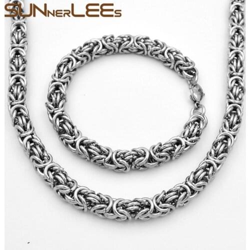8mm SUNNERLEES Fashion Stainless Steel Necklace Bracelet Set Silver Color Gold Plated Byzantine Link Chain Men Women SC11 S