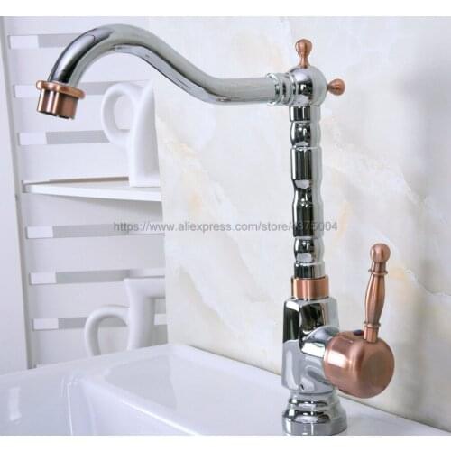 Bathroom Sink Faucet Polished Chrome And Red Copper 360 Rotable Basin Faucet Water Tap Single Handle Cold and Hot Water Nnf916
