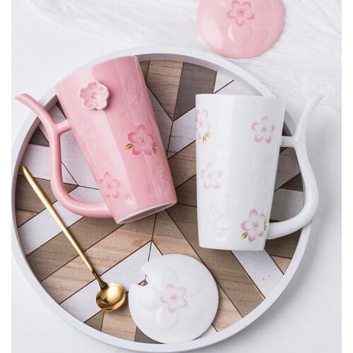 Creative cherry pattern ceramic water mug with lid spoon couple coffee cup water mugs straw handle design luckly water cups