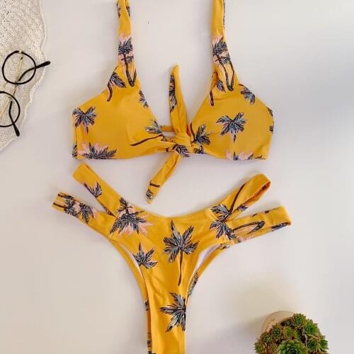Sexy Swimsuit Bikini Leaf Print High Waist Split Sleeveless V Neck Summer Swimwear 2021 Casual Fashion Brazilian Bikini Feminino