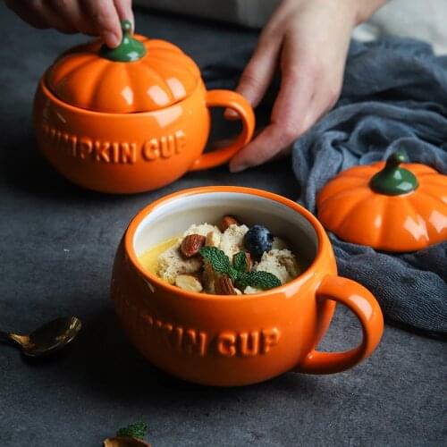 MEILING Ceramic Pumpkin Cup with Lid Handmade Kitchen Drinkware Mug Cute Soup Bowl Breakfast Milk Water Coffee Tea Cup Porcelain