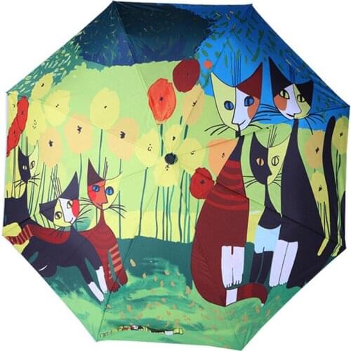Fashion Art Illustration Cartoon Cats Umbrellas Rain Sun Umbrella 3 Folding Thickening 8 Rib Creative Sunshade Women Umbrellas