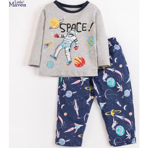 Baby Boys Fall Clothes Autumn Children Set Cotton Two Pieces Suit Toddler Boy Gray Space Print Shirt + Blue Space Pants 2-7y
