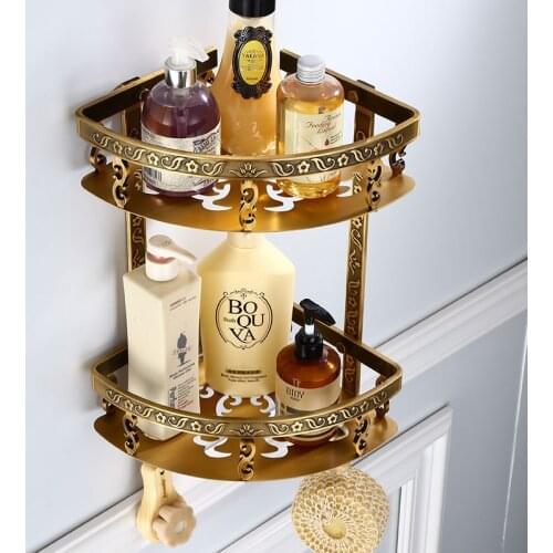 Nail Free Bathroom Shelves 2 Layer Antique Metal Shower Corner Shelf Wall Mount Shampoo Storage Shelf
