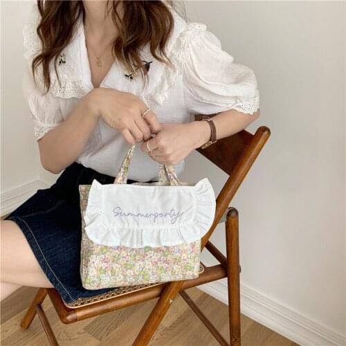 Retro Women Daily Bento Handbags Floral Embroidery Ruffles Girls Student Small Shoulder Bags Female Mini Tote Purse Shopper Bag