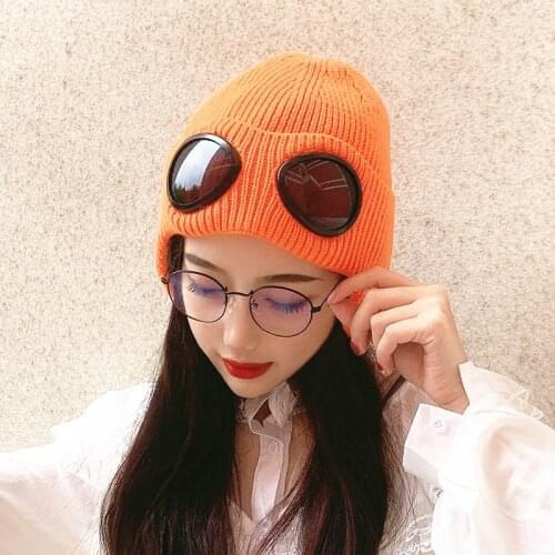 Adult casual cotton beanies hat with glasses New winter pilot eyeglasses skullies caps gorros for women