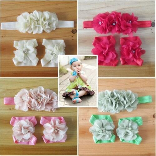 Baby headband infant pearl flowers hair band baby girls barefoot sandals and headband shoes sets children girls hair accessories