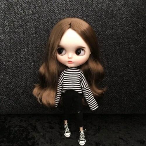 T02-X372 gift girl Blyth Doll clothes 30cm 1/6 dolls Azone Accessories clothes black white striped top and hole pants 2pcs