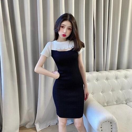 ZC3197 2021 Summer new women fashion temperament hollow sexy show bust short sleeves slim knit dress cheap wholesale