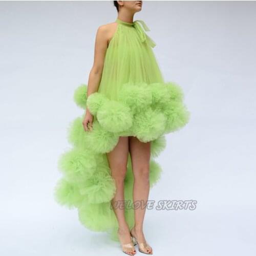 Green Tulle High-Lo Halter Party Dresses for Prom Sleeveless Ruffles Custom Made Long Plus Size Girl Woman Evening Gowns