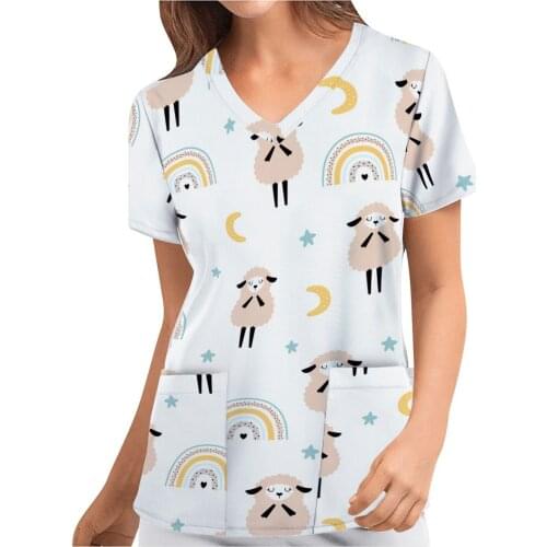 Cartoon Print Women Short Sleeve V-Neck Nursing Work Uniform Funny Graphic Tee Scrubs Tops With Pocket Gorro Enfermera A50