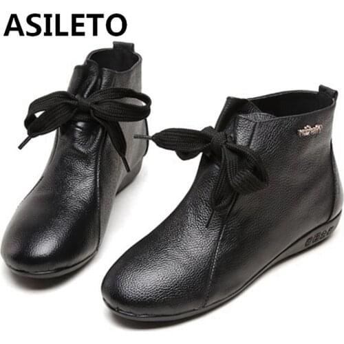 ASILETO Women Boots Genuine leather Ankle Boots Wedges Crossed tied Fashion High quality Female Autumn winter Black Big size