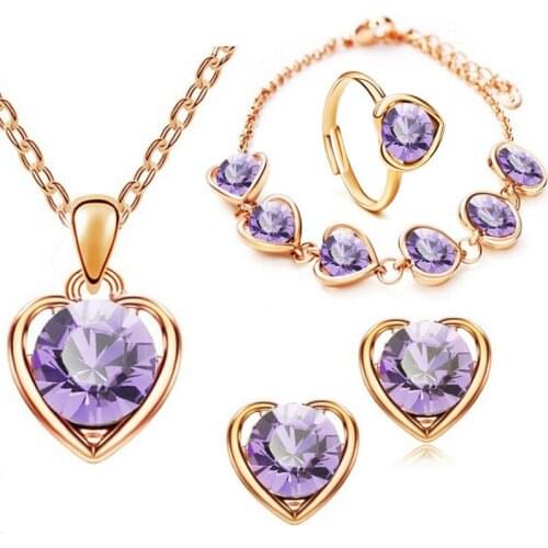 QiLeSen Fine jewelry 925 sterling silver for ladies wedding heart gold light purple necklace earrings bracelet ring set yw068