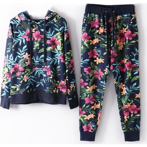 Spring Autumn Print Casual Sweatshirt Hooded Women Suit Loose Long Sleeve Thin Tops + High Waist Harem Pants Two Piece Set H1310