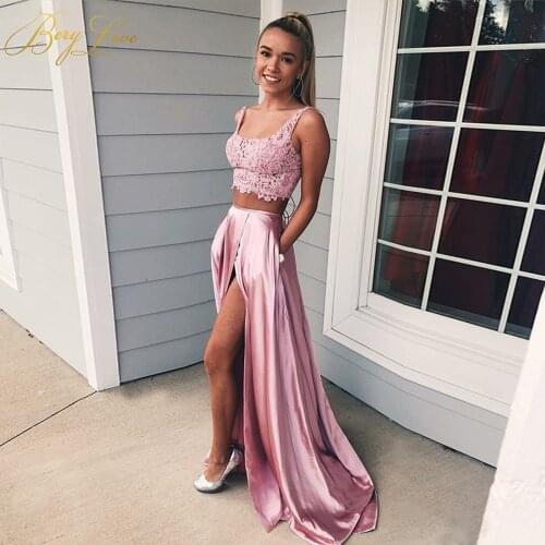 Sexy Pink Two Piece Evening Dress 2020 Slit Backless Lace Satin Prom Party Gown Abiye robe femme long dresses evening robe de