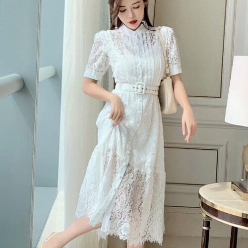 2021 Runway Woman Retro White Lace Single-breasted High Waist Dresses Vestidos Elegant Short Sleeve Boho Long Dress Female