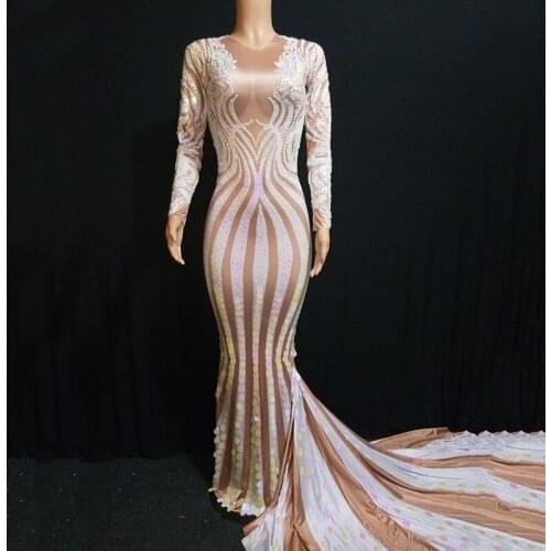 Women Dress Evening Party Long Sleeve Crystals Sequin Long Trailing Stretch Dresses Birthday Celebrate Stage Show Wear DT1184