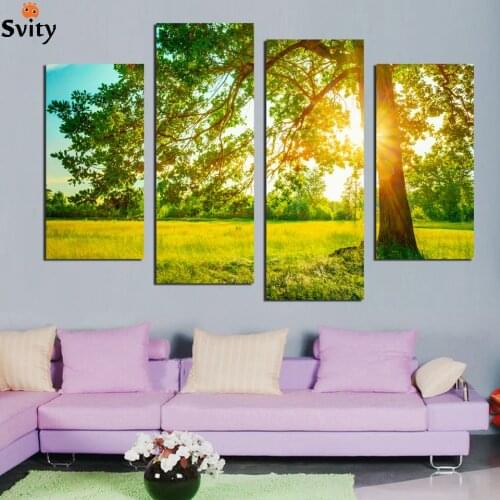 4Panels unframed sun refraction tree lawn Scenery Wall Art Pictures Print On Canvas Painting For Home Kitchen Decoration F18851