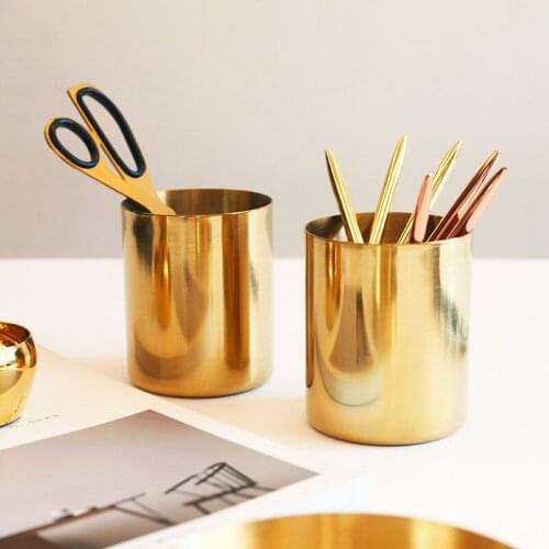 400ml Nordic Style Brass Gold Vase Stainless Steel Cylinder Pen Holder for Desk Organizers Stand Pencil Pot Case