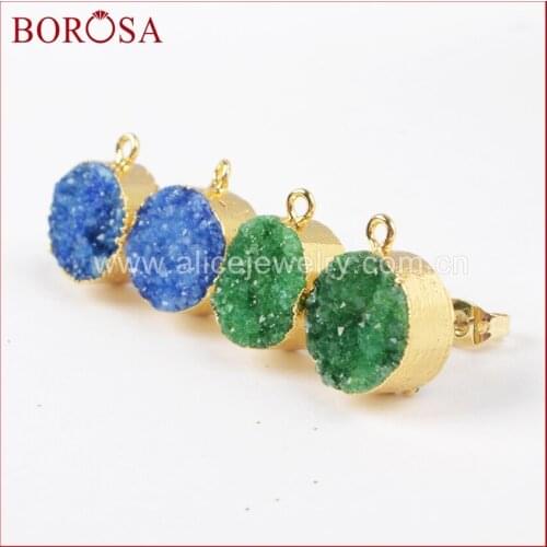 BOROSA Druzy Earring Gold Color 12mm Green And Blue Color Round Crystal Druzy Druzy Ear Stud Post G1021