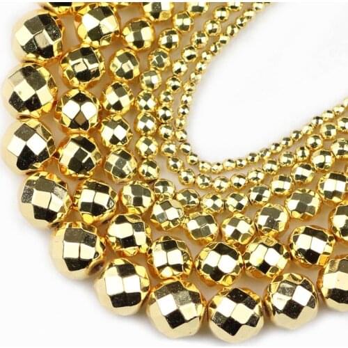 HGKLBB Yellow Gold Hematite beads Natural Stone 2/3/4/6/8/10mm Faceted Round Loose beads Jewelry Making bracelets necklace DIY